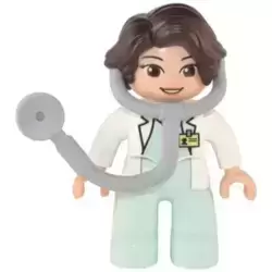 Duplo Figure Lego Ville, Female Medic, Light Aqua Legs, White Top with ID Badge, White Arms, Dark Brown Hair, Attached Stethoscope (6374984)