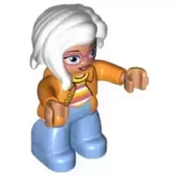 Duplo Figure Lego Ville, Female, Medium Blue Legs, Orange Jacket, Striped Sweater, White Hair