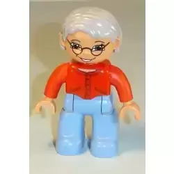Duplo Figure Lego Ville, Female, Medium Blue Legs, Red Sweater, Very Light Gray Hair, Blue Eyes, Glasses