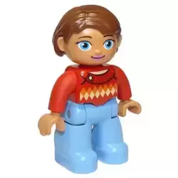 Duplo Figure Lego Ville, Female, Medium Blue Legs, Red Sweater with Diamond Pattern, Reddish Brown Hair, Blue Oval Eyes