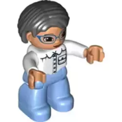 Duplo Figure Lego Ville, Female, Medium Blue Legs, White Top with Pocket, White Arms, Blue Glasses, Black Hair