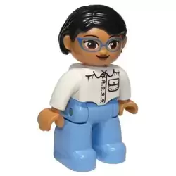 Duplo Figure Lego Ville, Female, Medium Blue Legs, White Top with Pocket, White Arms, Blue Glasses, Black Hair, Oval Eyes