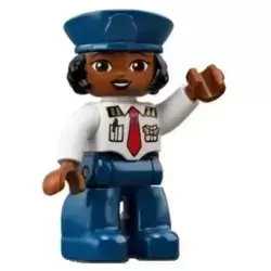 Duplo Figure Lego Ville, Female Pilot, Dark Blue Legs, White Top with Red Tie, Dark Blue Hat with Black Hair (6361060)