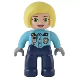Duplo Figure Lego Ville, Female Police, Dark Blue Legs, Medium Azure Top with Silver Badge and Radio, Bright Light Yellow Hair (6374290)
