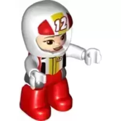 Duplo Figure Lego Ville, Female, Red Legs, White Race Top and Helmet with Number 12 Pattern (6345401)