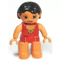 Duplo Figure Lego Ville, Female, Red Swimsuit with Yellow Bow, Black Hair