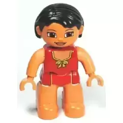 Duplo Figure Lego Ville, Female, Red Swimsuit with Yellow Bow, Black Hair