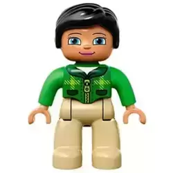 Duplo Figure Lego Ville, Female, Tan Legs, Green Top with Tartan Plaid and Zipper, Bright Green Arms, Black Hair (6138772)