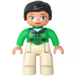 Duplo Figure Lego Ville, Female, Tan Legs, Green Top with Tartan Plaid and Zipper, Bright Green Arms, Black Hair, Oval Eyes (6183830 / 6203756 / 6273383)