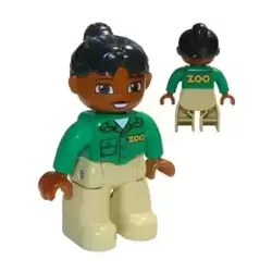 Duplo Figure Lego Ville, Female, Tan Legs, Green Top with 'ZOO' on Front and Back, Black Ponytail Hair, Brown Head (Zoo Worker)