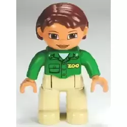 Duplo Figure Lego Ville, Female, Tan Legs, Green Top with 'ZOO' on Front and Back, Reddish Brown Hair, Brown Eyes (Zoo Worker)