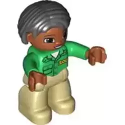 Duplo Figure Lego Ville, Female, Tan Legs, Green Top with 'ZOO' on Front, Brown Head, Black Hair, Brown Eyes