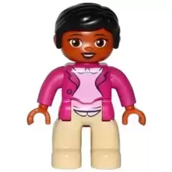 Duplo Figure Lego Ville, Female, Tan Legs, Magenta Jacket and Pink Blouse Pattern, Black Hair, Brown Eyes