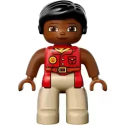Duplo Figure Lego Ville, Female, Tan Legs, Red Shirt, Black Hair, Reddish Brown Arms
