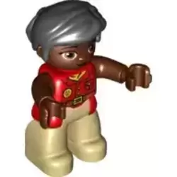 Duplo Figure Lego Ville, Female, Tan Legs, Red Shirt, Black Hair, Reddish Brown Arms, Oval Eyes