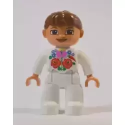 Duplo Figure Lego Ville, Female, White Legs, White Top, Brown Hair, Kalocsa Flowers Pattern on Front