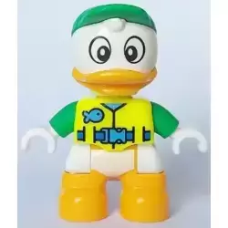 Duplo Figure Lego Ville, Louie Duck, Neon Yellow Life Jacket, Bright Green Arms and Cap (6438663)