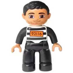 Duplo Figure Lego Ville, Male, Black Legs, Black and White Striped Top with Number 92116, Black Hair (Prisoner)