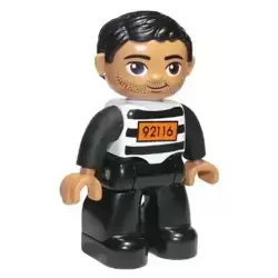 Duplo Figure Lego Ville, Male, Black Legs, Black and White Striped Top with Number 92116, Black Hair (Prisoner), Oval Eyes
