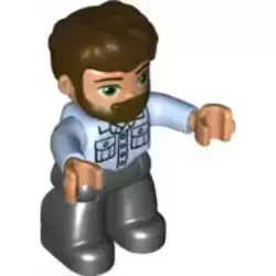 Duplo Figure Lego Ville, Male, Black Legs, Bright Light Blue Shirt with Pockets, Dark Brown Hair and Beard