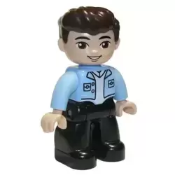 Duplo Figure Lego Ville, Male, Black Legs, Bright Light Blue Top with White Shirt, Dark Brown Hair