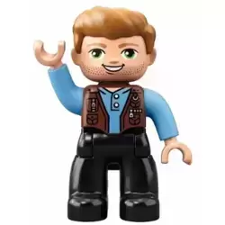 Duplo Figure Lego Ville, Male, Black Legs, Medium Blue Shirt over Reddish Brown Vest, Dark Tan Hair (Jurassic World Owen Grady)