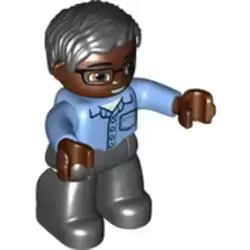 Duplo Figure Lego Ville, Male, Black Legs, Medium Blue Shirt with Pocket, Medium Blue Arms, Brown Head, Glasses, Black Hair