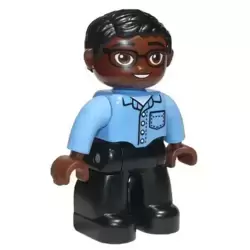 Duplo Figure Lego Ville, Male, Black Legs, Medium Blue Shirt with Pocket, Medium Blue Arms, Brown Head, Glasses, Black Hair, Oval Eyes