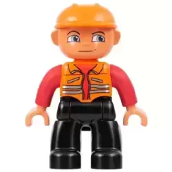 Duplo Figure Lego Ville, Male, Black Legs, Orange Vest, Orange Construction Helmet