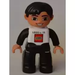 Duplo Figure Lego Ville, Male, Black Legs, White Top, Black Arms, Black Hair, LEGO Logo on Front - Hungarian Lego Factory Employee Gift
