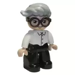 Duplo Figure Lego Ville, Male, Black Legs, White Top, Dark Brown Glasses, Light Bluish Gray Hair