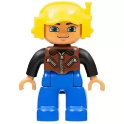 Duplo Figure Lego Ville, Male, Blue Legs, Brown Vest with Zipper and Zippered Pockets, Yellow Cap with Headset