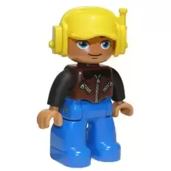 Duplo Figure Lego Ville, Male, Blue Legs, Brown Vest with Zipper and Zippered Pockets, Yellow Cap with Headset, Oval Eyes