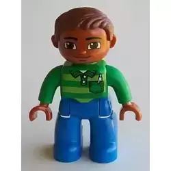 Duplo Figure Lego Ville, Male, Blue Legs, Green Top with Pen, Reddish Brown Hair