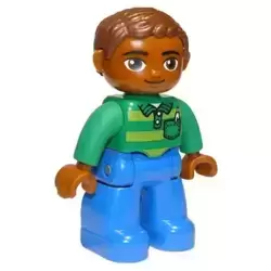 Duplo Figure Lego Ville, Male, Blue Legs, Green Top with Pen, Reddish Brown Hair, Oval Eyes