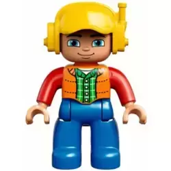 Duplo Figure Lego Ville, Male, Blue Legs, Orange Vest, Dark Green Plaid Shirt, Red Arms, Yellow Cap with Headset