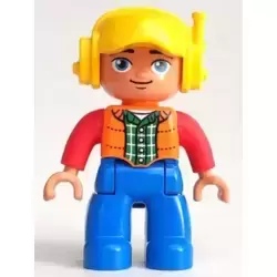 Duplo Figure Lego Ville, Male, Blue Legs, Orange Vest, Dark Green Plaid Shirt, Red Arms, Yellow Cap with Headset, Oval Eyes