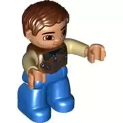 Duplo Figure Lego Ville, Male, Blue Legs, Reddish Brown Jacket with Zippers, Tan Arms, Reddish Brown Hair, Brown Eyes