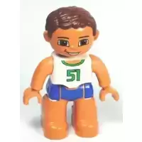 Duplo Figure Lego Ville, Male, Blue Swim Trunks, White Top with Green '51', Reddish Brown Hair