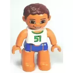 Duplo Figure Lego Ville, Male, Blue Swim Trunks, White Top with Green '51', Reddish Brown Hair