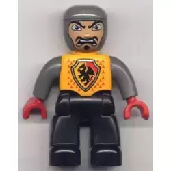 Duplo Figure Lego Ville, Male Castle, Black Legs, Bright Light Orange Chest, Dark Bluish Gray Arms, Red Hands, Open Mouth