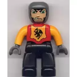 Duplo Figure Lego Ville, Male Castle, Black Legs, Red Chest, Bright Light Orange  Arms, Dark Bluish Gray Hands