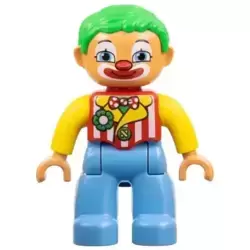 Duplo Figure Lego Ville, Male Clown, Medium Blue Legs, Striped Jacket, Bow Tie, Green Hair