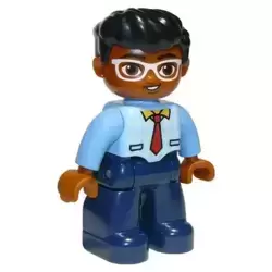 Duplo Figure Lego Ville, Male, Dark Blue Legs, Bright Light Blue Top with Medium Blue Sleeves and Tie Pattern, White Glasses, Black Hair