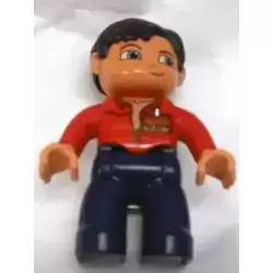 Duplo Figure Lego Ville, Male, Dark Blue Legs, Red Top with Open Collar, Black Hair, VIP Badge, Blue Eyes, Closed Mouth Smile