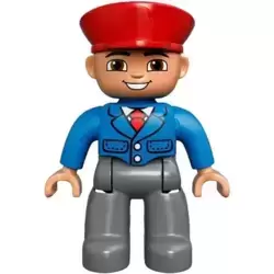 Duplo Figure Lego Ville, Male, Dark Bluish Gray Legs, Blue Jacket with Tie, Red Hat, Smile with Teeth (Train Conductor)