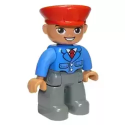 Duplo Figure Lego Ville, Male, Dark Bluish Gray Legs, Blue Jacket with Tie, Red Hat, Smile with Teeth (Train Conductor), Oval Eyes (6203758 / 6273392)