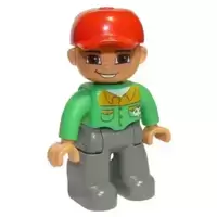 Duplo Figure Lego Ville, Male, Dark Bluish Gray Legs, Bright Green Button Down Shirt, Red Cap, Brown Eyes, Open Mouth Smile (Mechanic)
