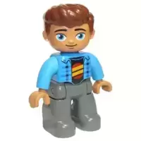Duplo Figure Lego Ville, Male, Dark Bluish Gray Legs, Dark Azure Jacket, Black Shirt, Reddish Brown Hair