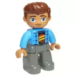 Duplo Figure Lego Ville, Male, Dark Bluish Gray Legs, Dark Azure Jacket, Black Shirt, Reddish Brown Hair